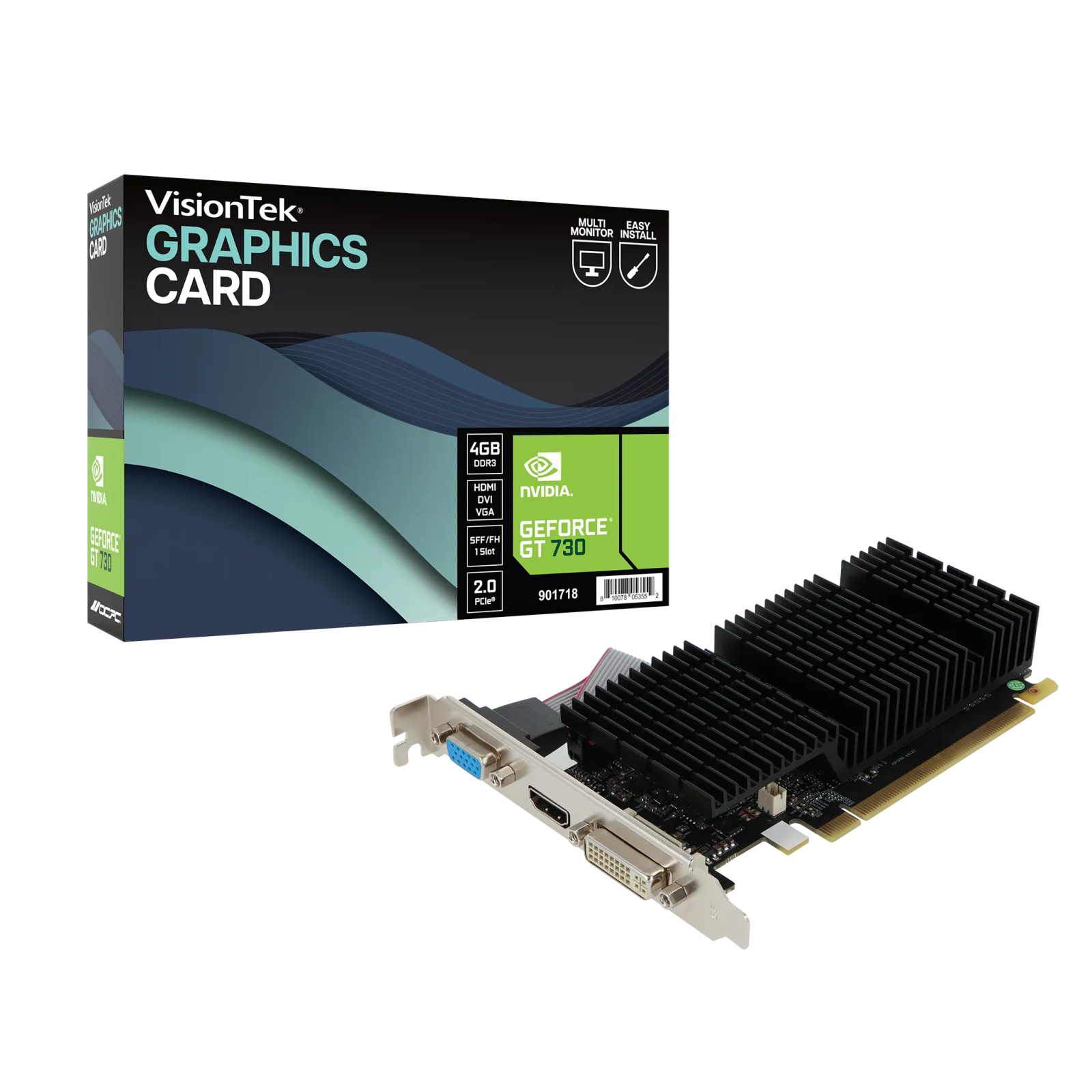 VisionTek.com - VisionTek Graphics Card - 4GB OCPC NVIDIA GeForce GT 730 DDR3 | Passive Cooled | Triple Display Support | HDMI, DVI - D, VGA | 4K @ 60Hz | 25W | SFF Bracket