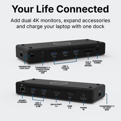 VisionTek VT5400 Dual 4K Docking Station | Thunderbolt 4 & USB-C | 80W Power Delivery | 8K Support | USB-A, SD, Ethernet | 120W Power Adapter Included | Windows, Mac Compatible