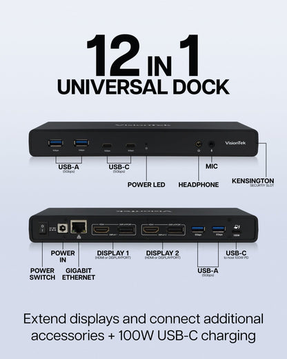 VisionTek.com - VisionTek VT4510 Dual 4K Docking Station (Refurbished) | USB - C & USB - A | 100W Power Delivery | DisplayLink | DP & HDMI | Gigabit Ethernet | Universal Compatibility
